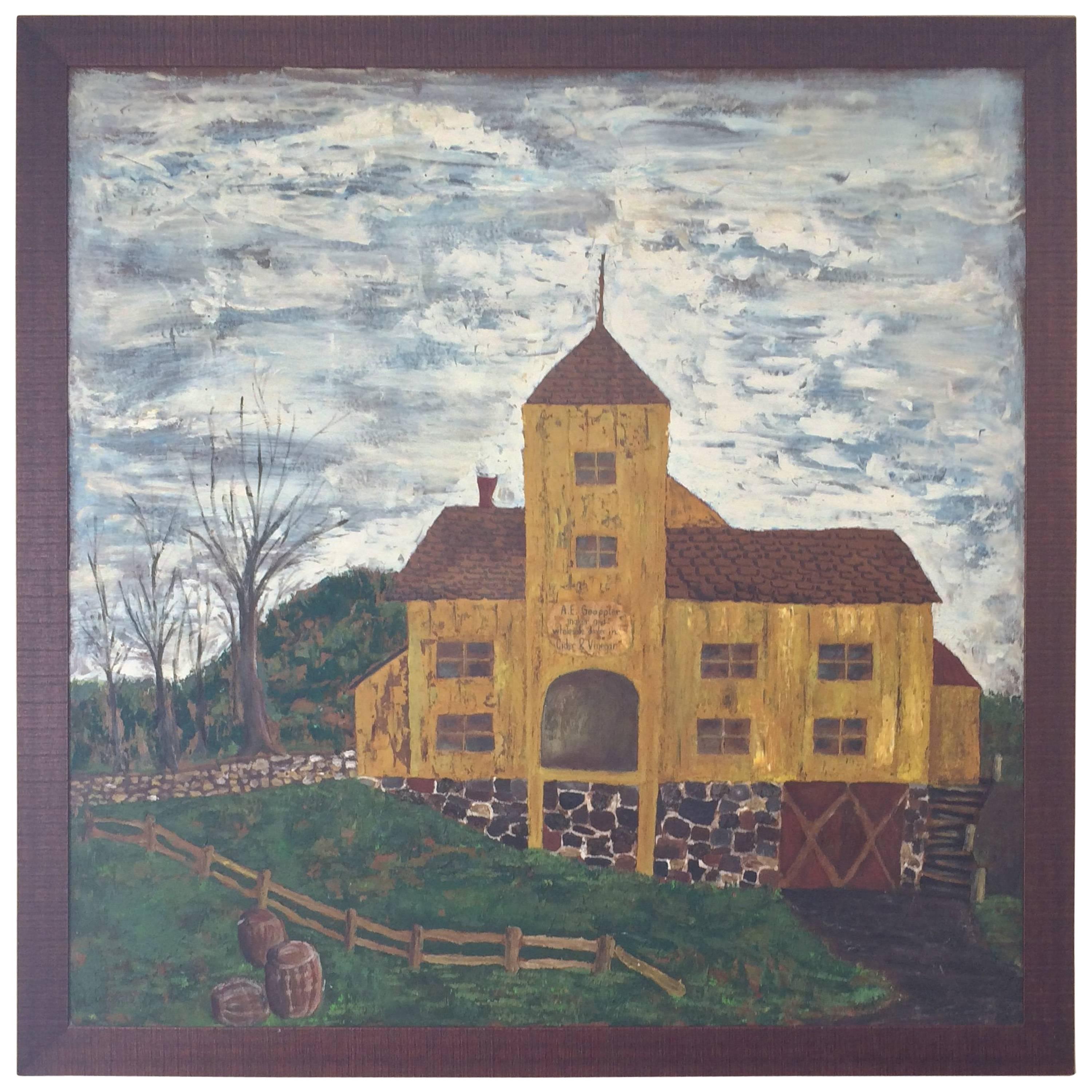 Huge Primitive Folk Painting of Historic Cider Mill