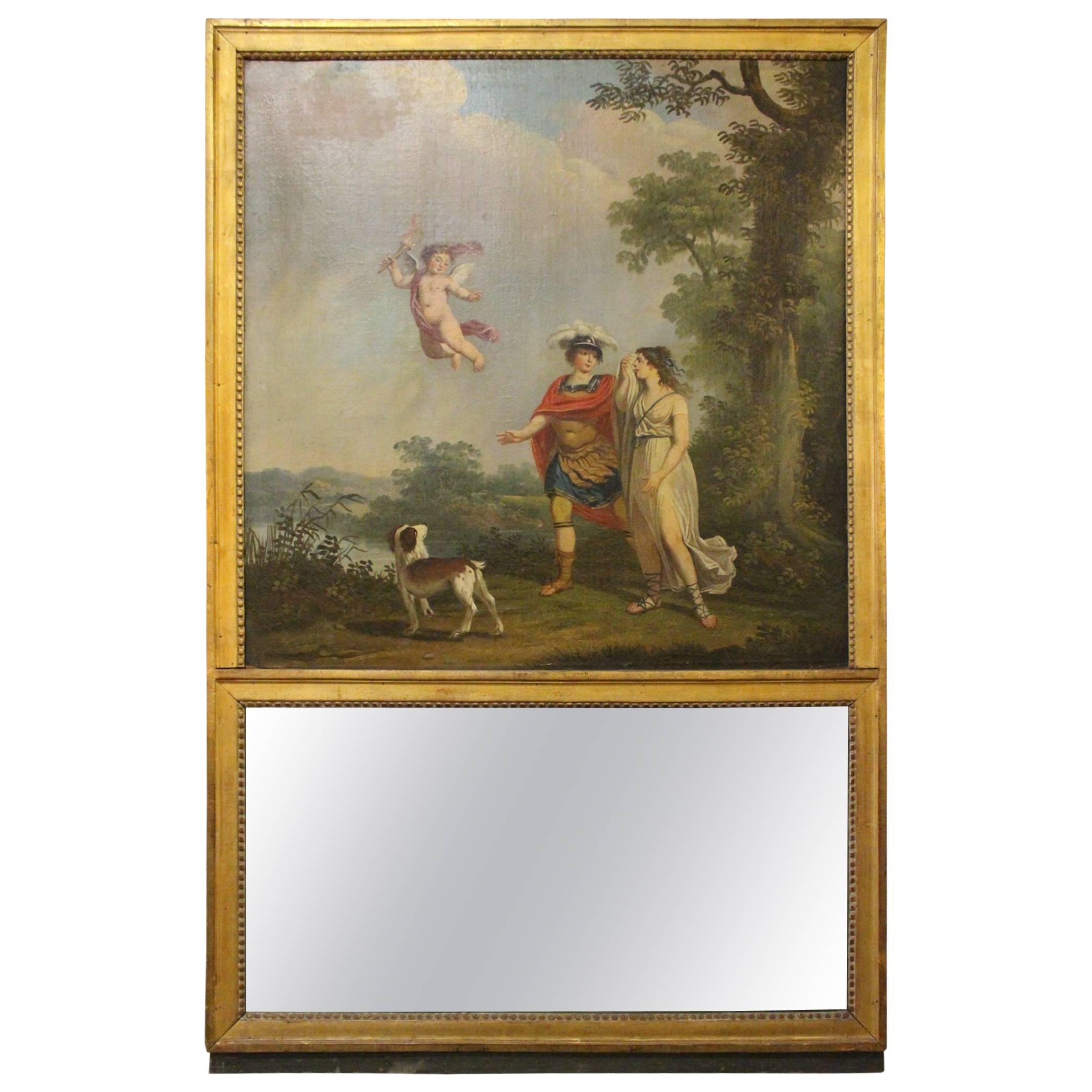 18th Century French Directoire Trumeau Mirror with Gilt Frame and Oil Painting For Sale