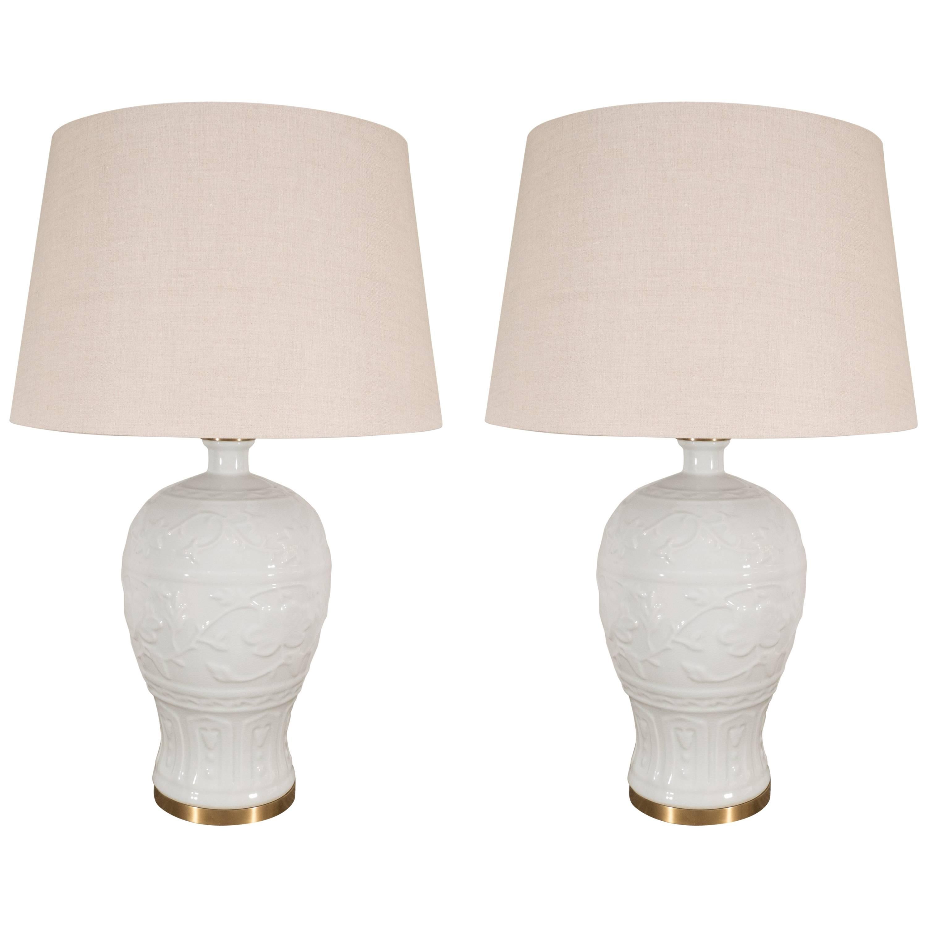 Pair of White Crackled Ceramic Lamps