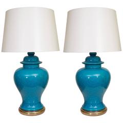Pair of Mid-Century Ceramic Blue Lamps 10