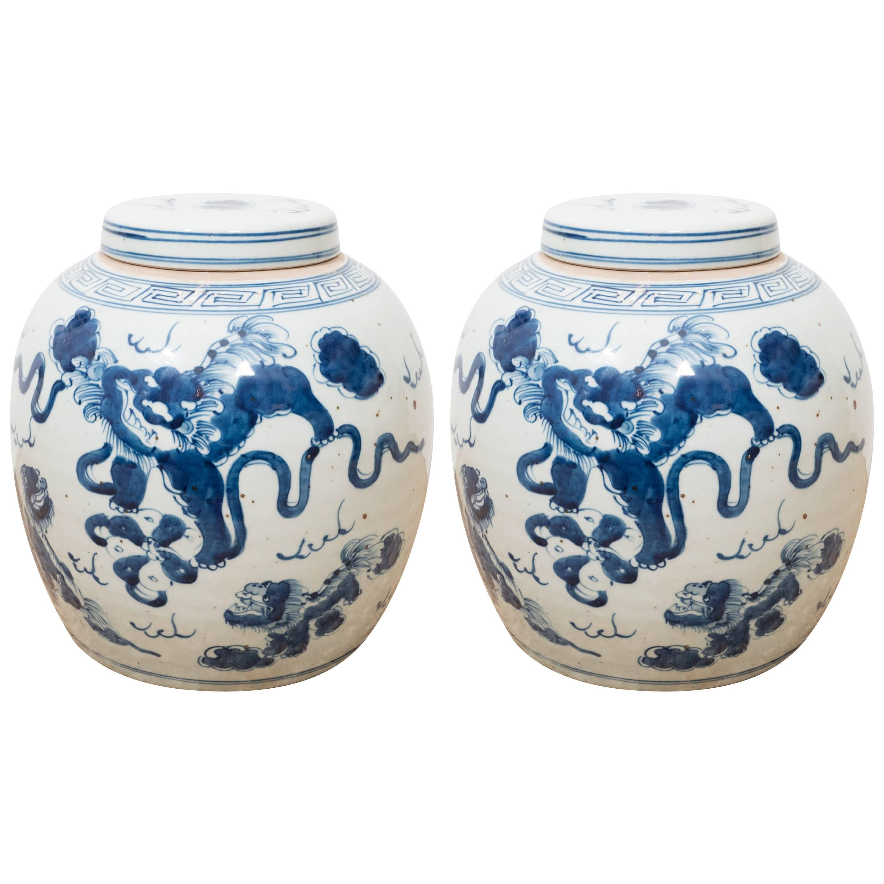 Pair of Blue and White Chinese Export Ginger Jars