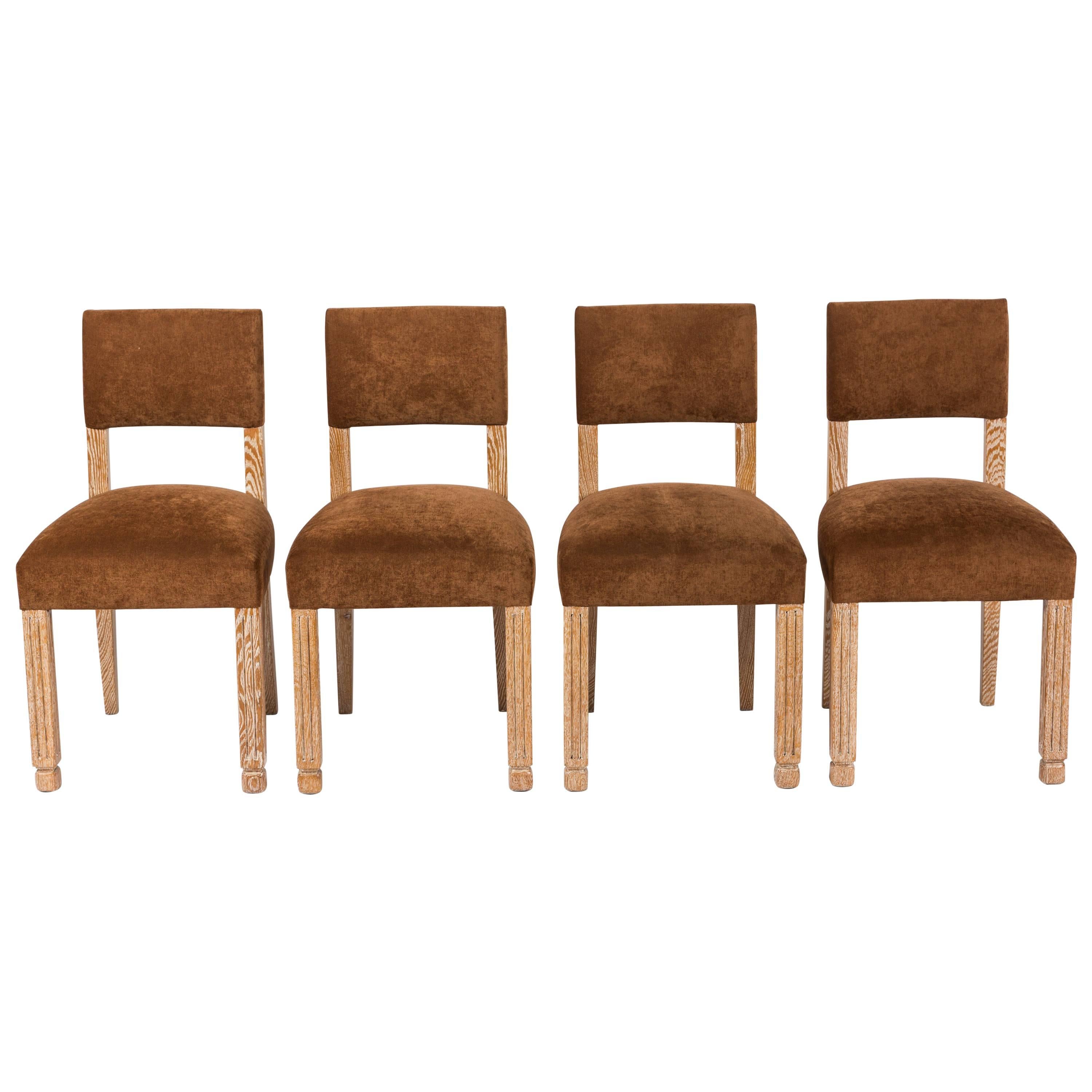 Set of Four Mid-Century French Limed Oak and Velvet Chairs