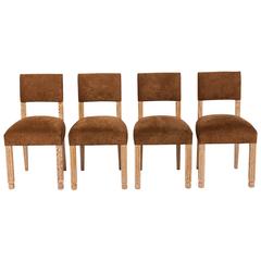 Set of Four Mid-Century French Limed Oak and Velvet Chairs 1