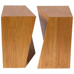 Pair of Geometric American Oak Brancusi-Style Pedestal Tables, circa 1960