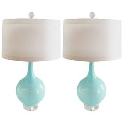 Pair of Blue Opaline Glass Lamps, circa 1950 4