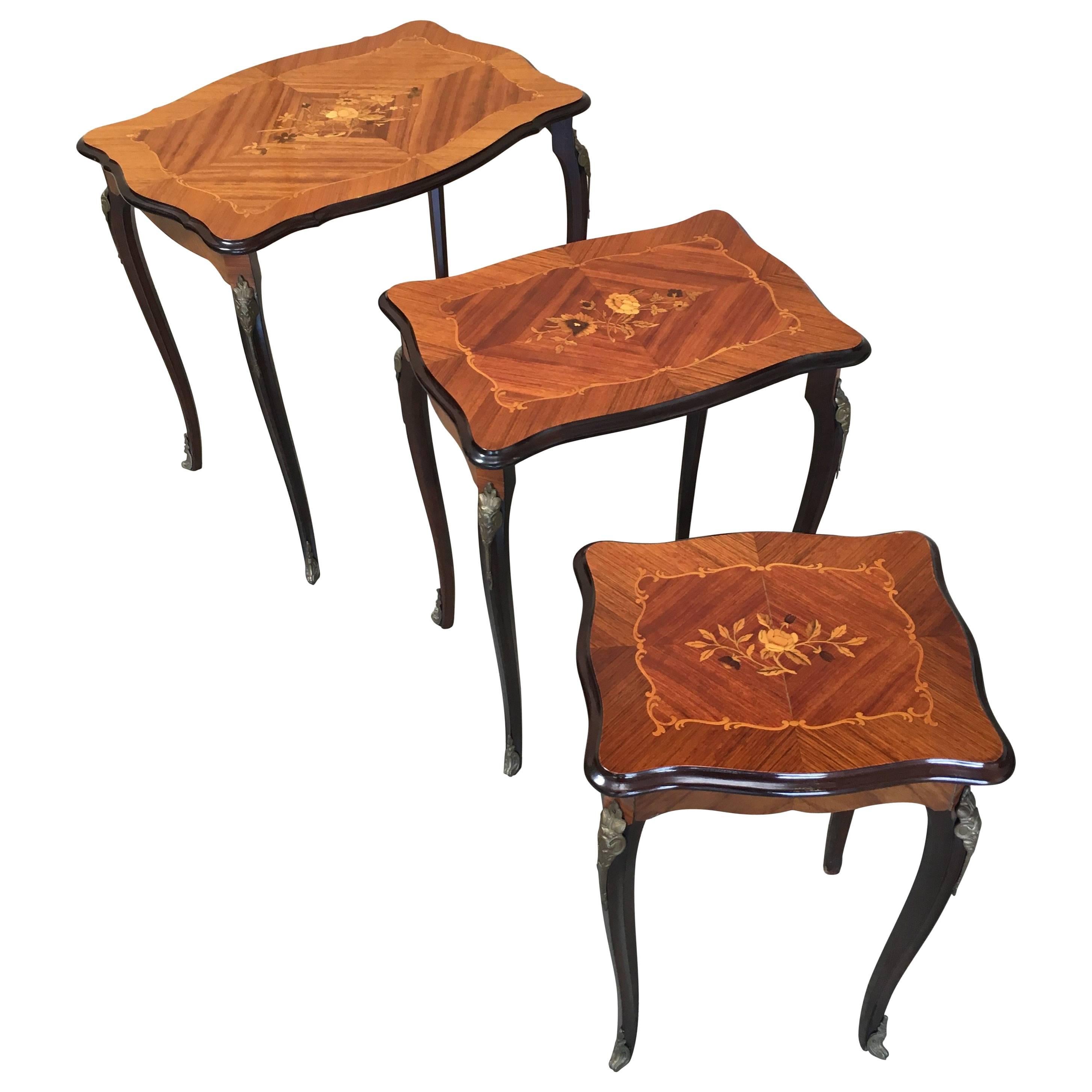 Nest of Three Tables with Floral Marquetry Design and Ormolu