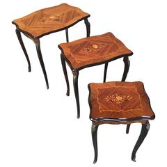 Nest of Three Tables with Floral Marquetry Design and Ormolu