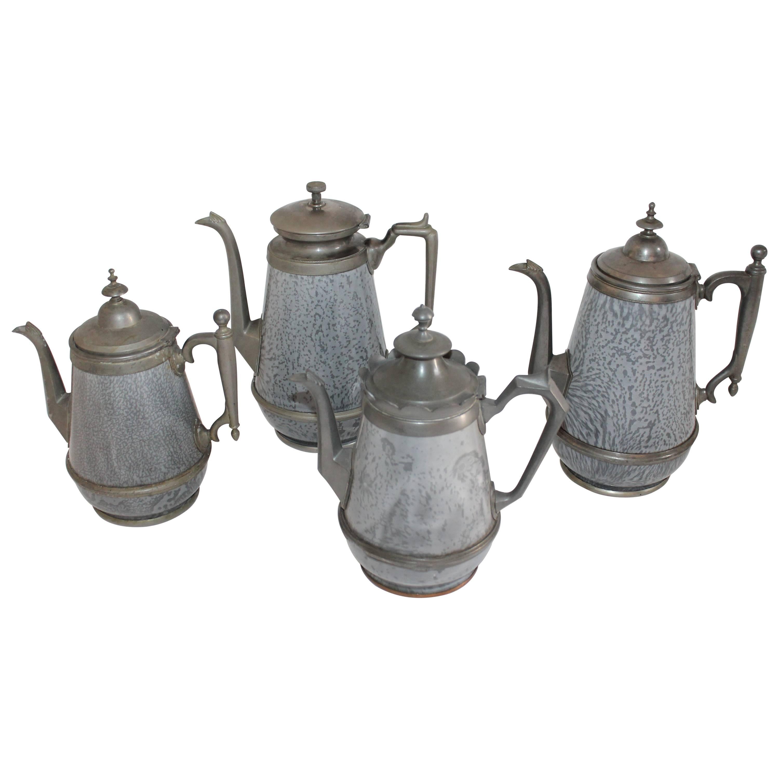 Collection of Rare 19th Century Granite and Pewter Goose Neck Coffee Pots