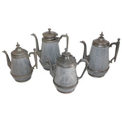 Antique Collection of Rare 19th Century Granite and Pewter Goose Neck Coffee Pots