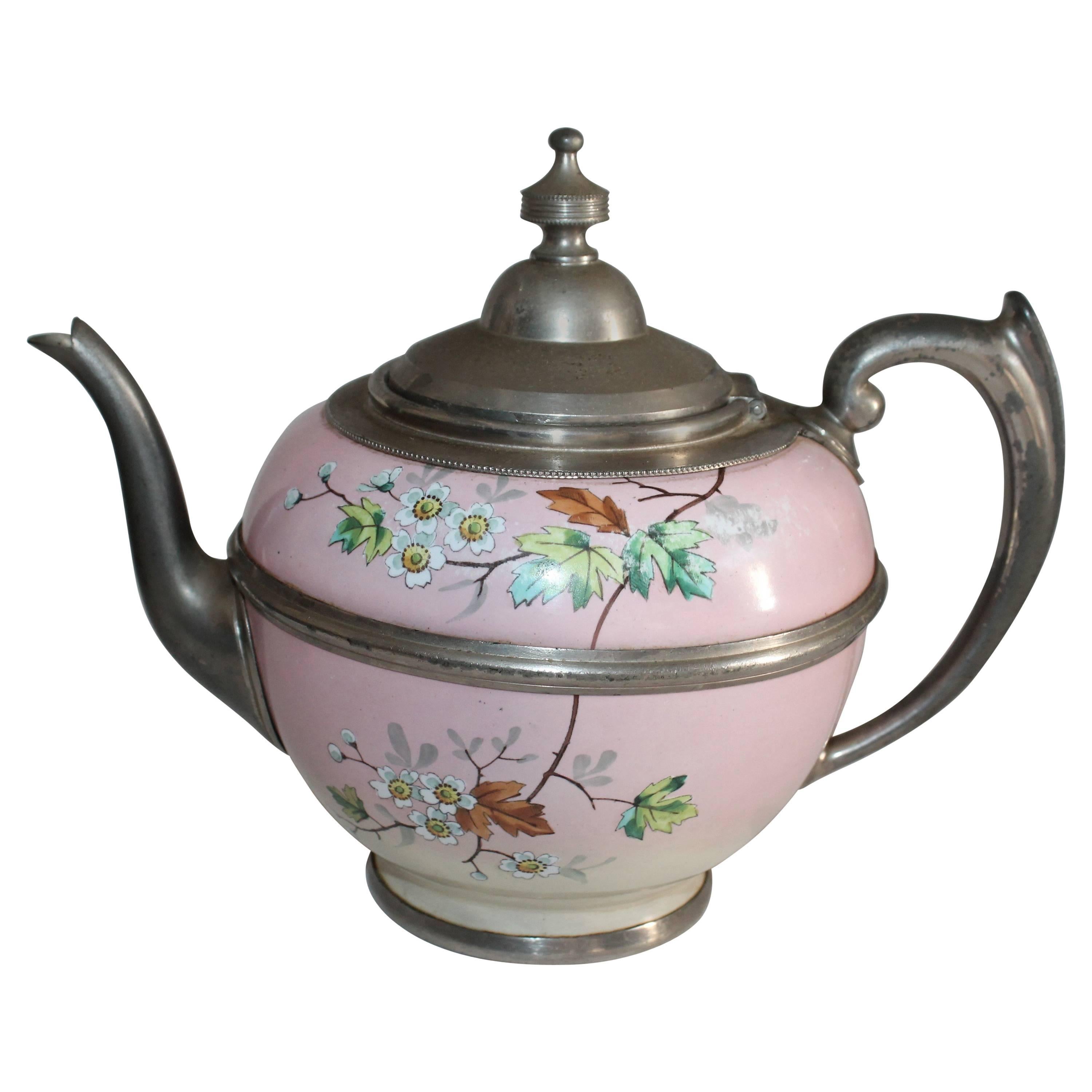 Rare 19th Century Painted Enamel and Pewter Tea Pot