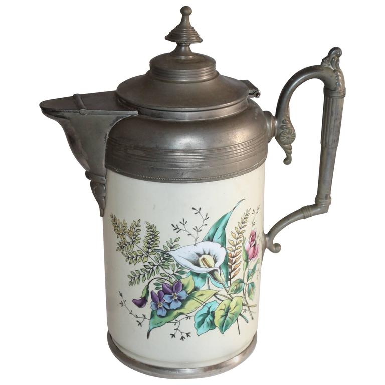 Rare Early 19th Century Enamel Decorated Pewter Coffee Pot For Sale at 1stdibs
