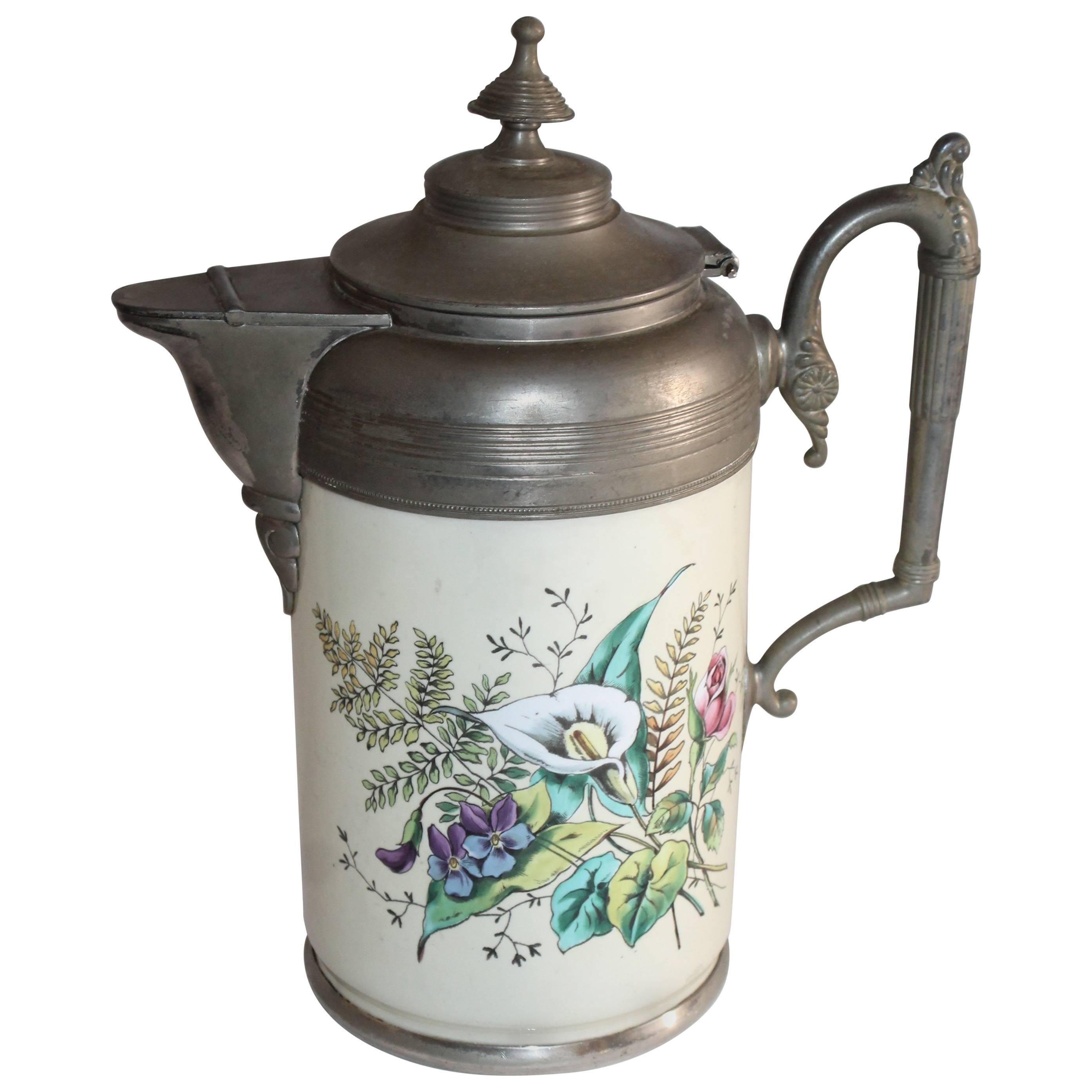 Rare Early 19th Century Enamel Decorated Pewter Coffee Pot For Sale