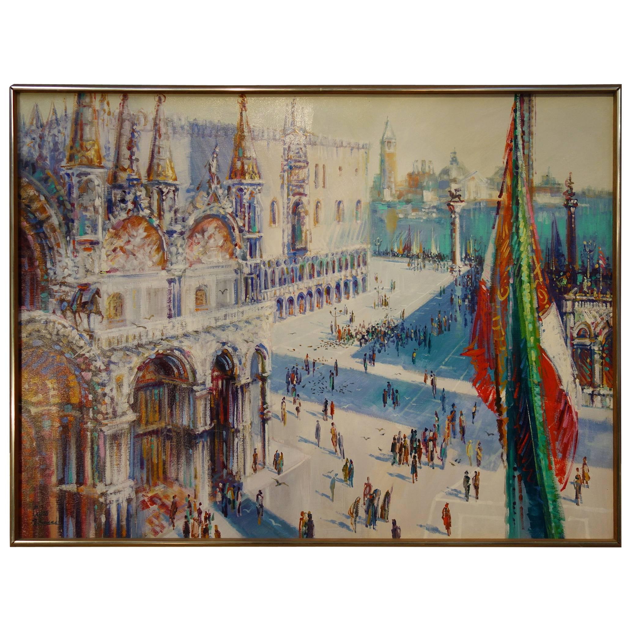 Vintage Vivid Venice Piazza San Marco Painting Signed Cyro Armand Ca 1930