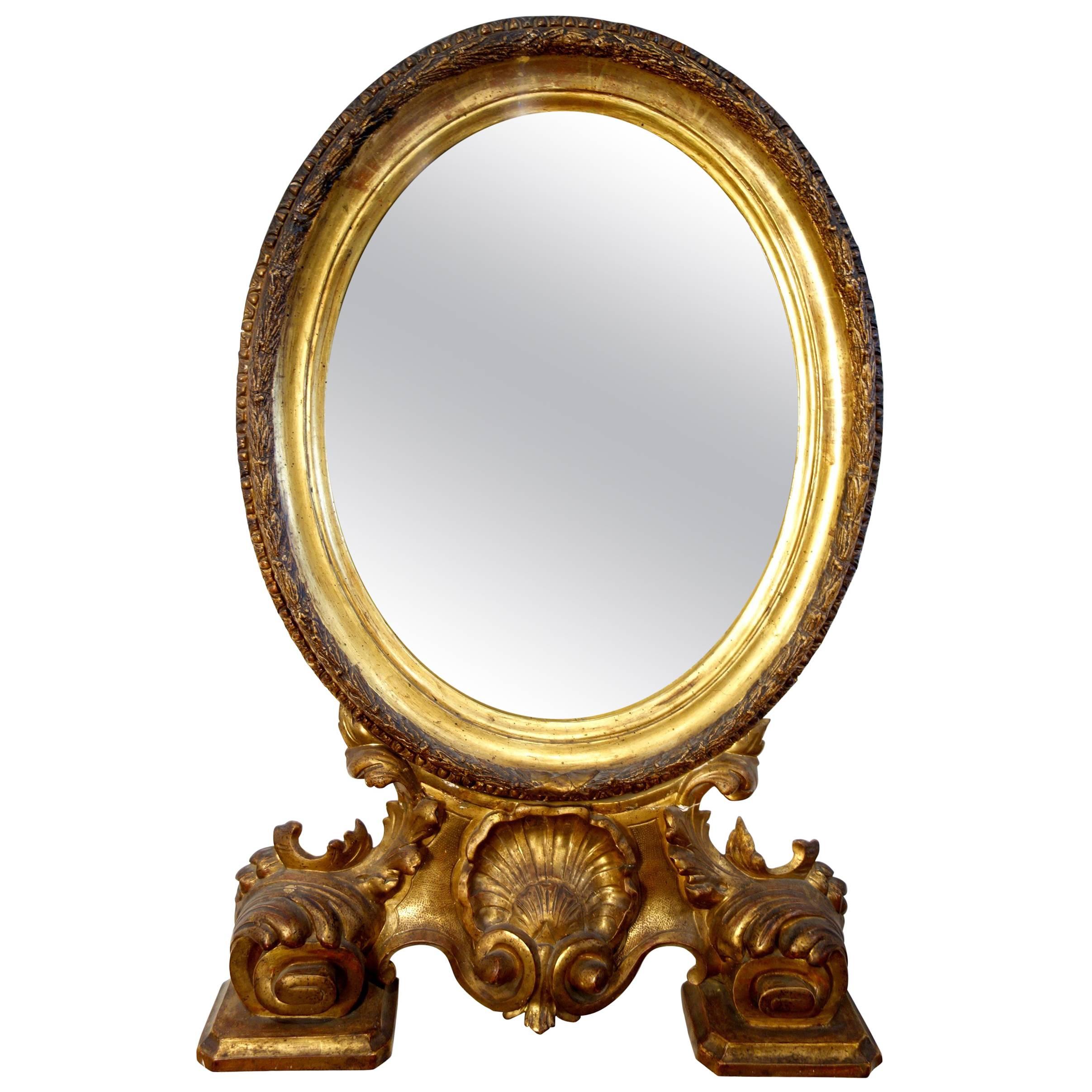 19th Century Antique Italian Baroque Style Oval Gold Gilded Mirror