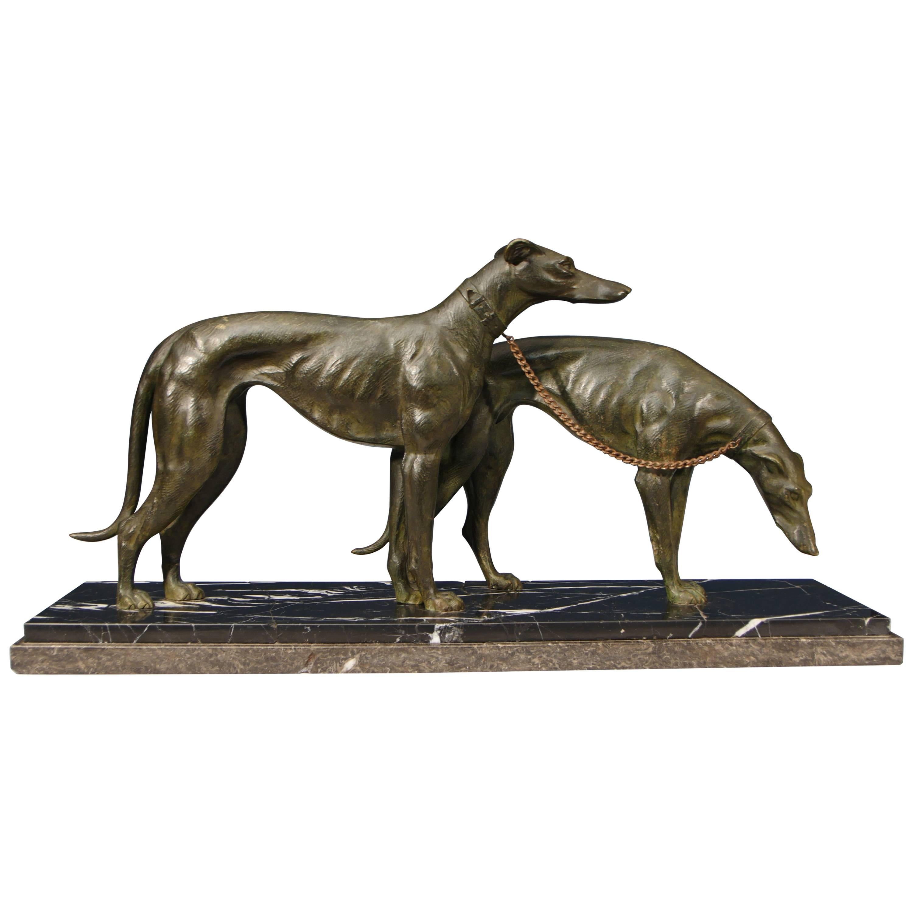 Pair of Antique Art Deco Bronze Greyhounds Signed Salvatore Melani 1925 Hound For Sale