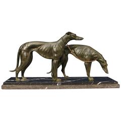 Pair of Antique Art Deco Bronze Greyhounds Signed Salvatore Melani 1925 Hound