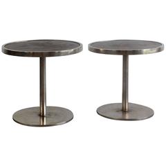 Pair of Walnut Side Tables with Metal Frames on a Single Pedestal Base 3