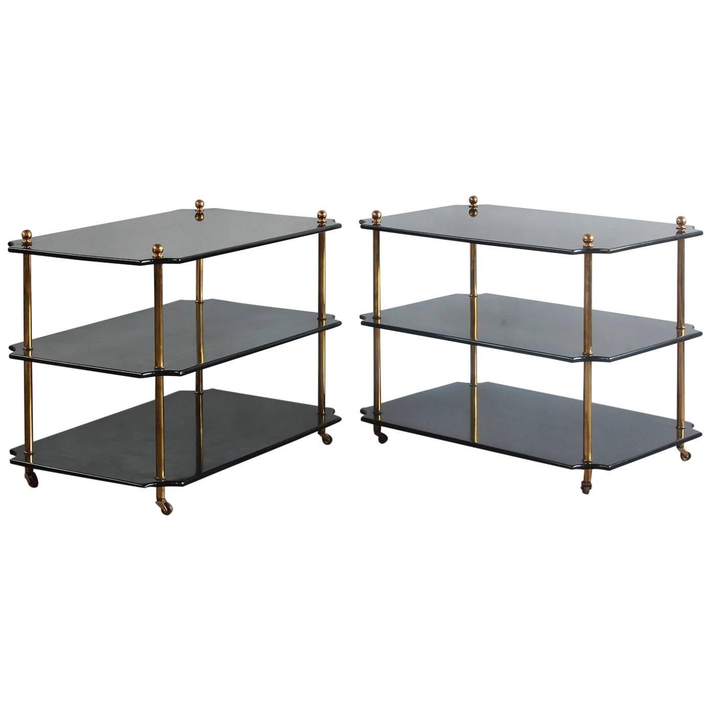 Pair of Black Lacquered Three-Tiered Side Tables