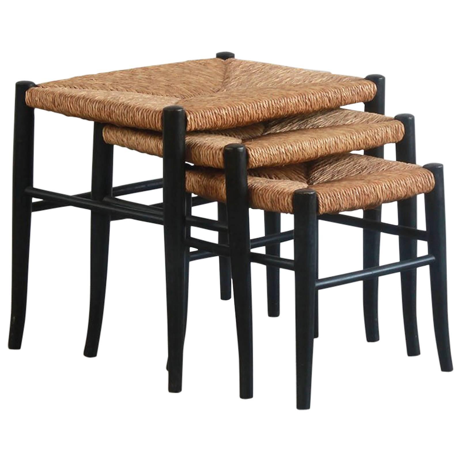 Set of Three Wicker and Black Nesting Tables