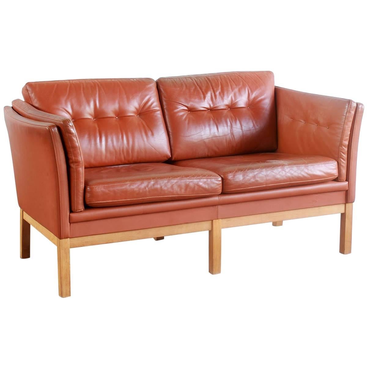 Danish Leather Two-Seat Settee with Oak Frame 