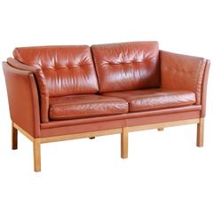 Danish Leather Two-Seat Settee with Oak Frame