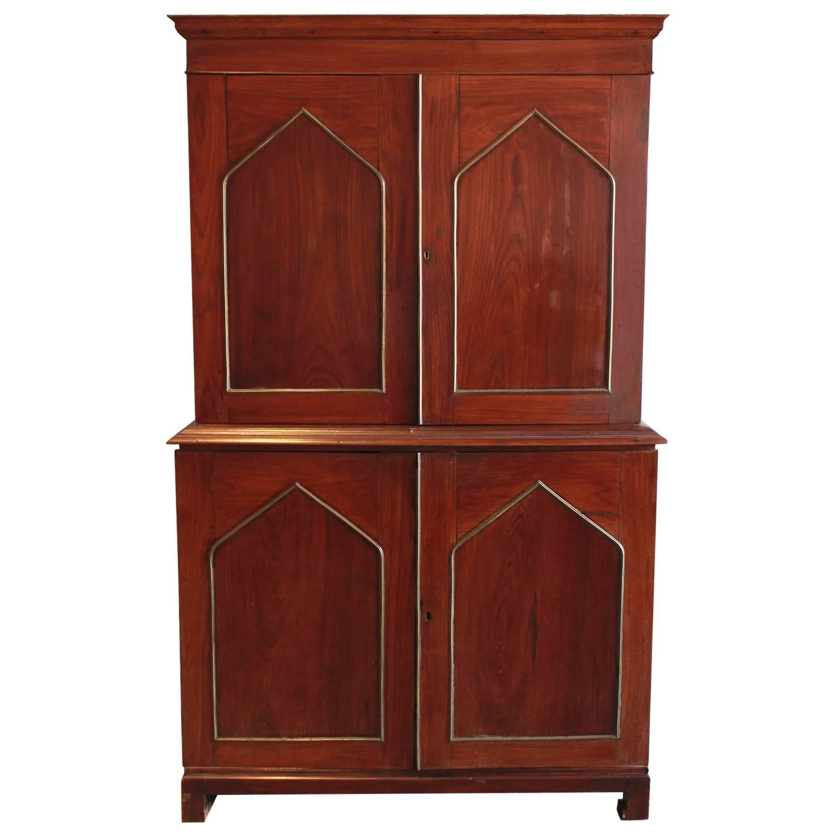 Mahogany Neo-Gothic Linen Press Cabinet with Brass Inlay
