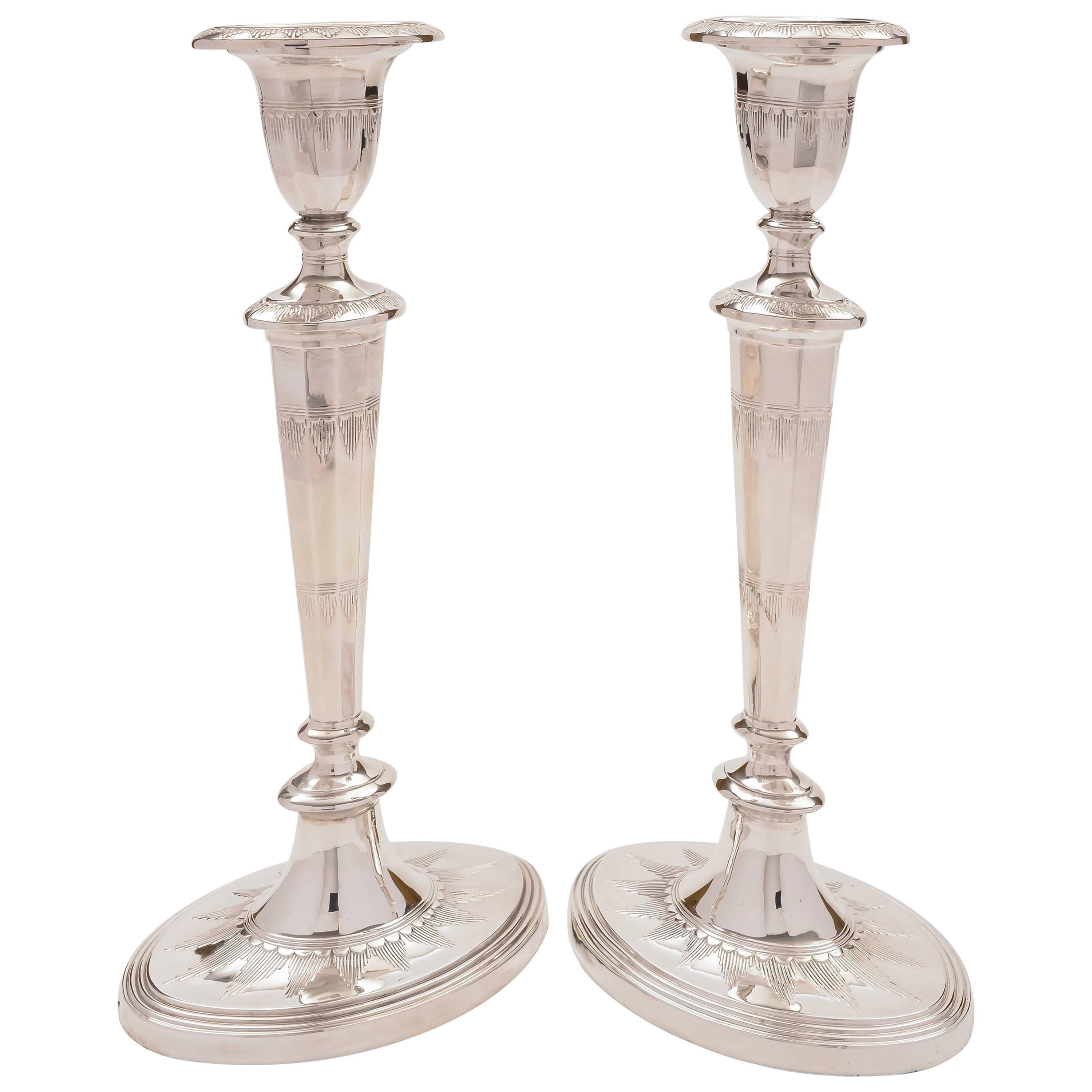 Pair of Large 19th Century Victorian Silver-on-Copper Candlesticks For Sale
