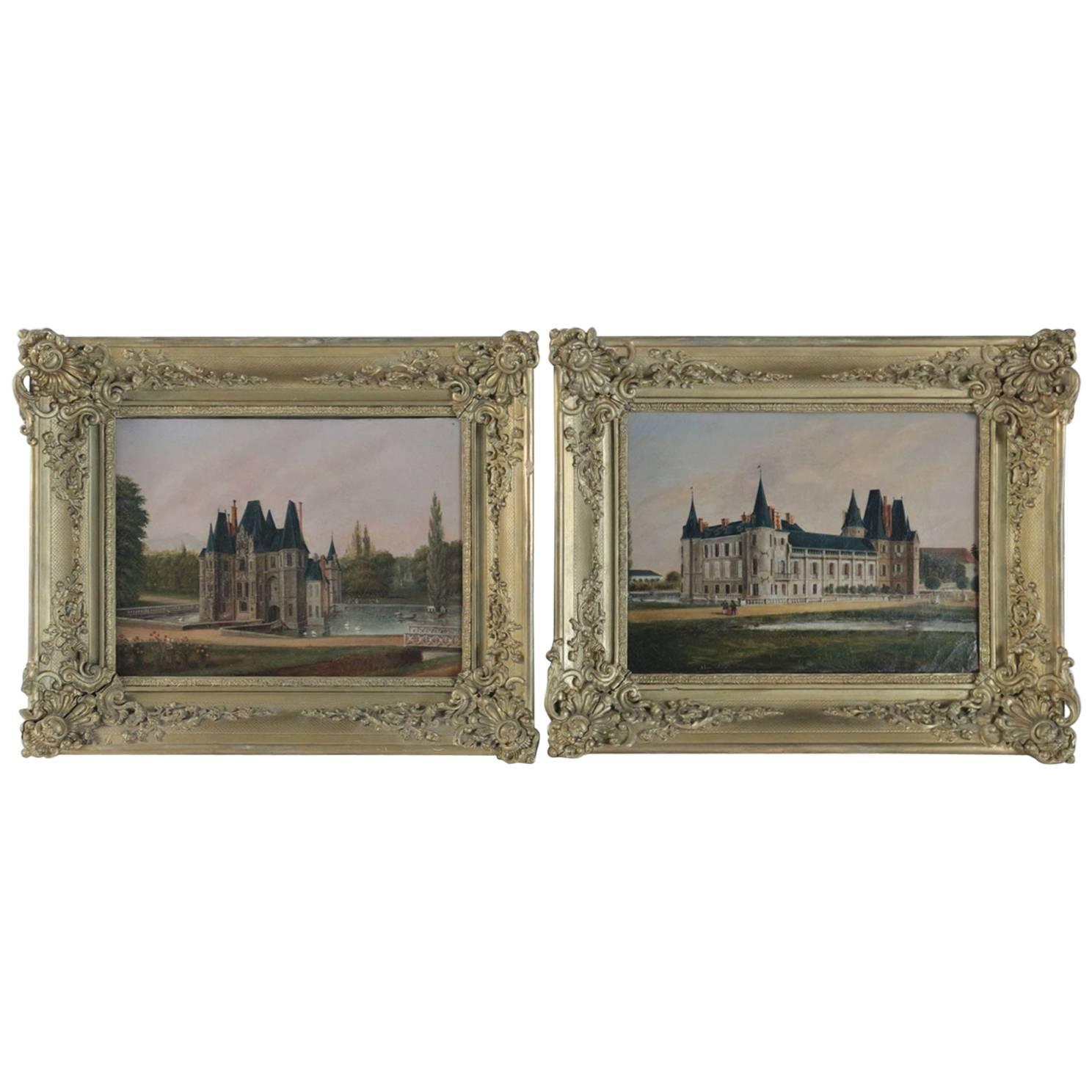 French Pair of Oil on Canvas 'Castel of Ô' Romantic Period, circa 1839-1840