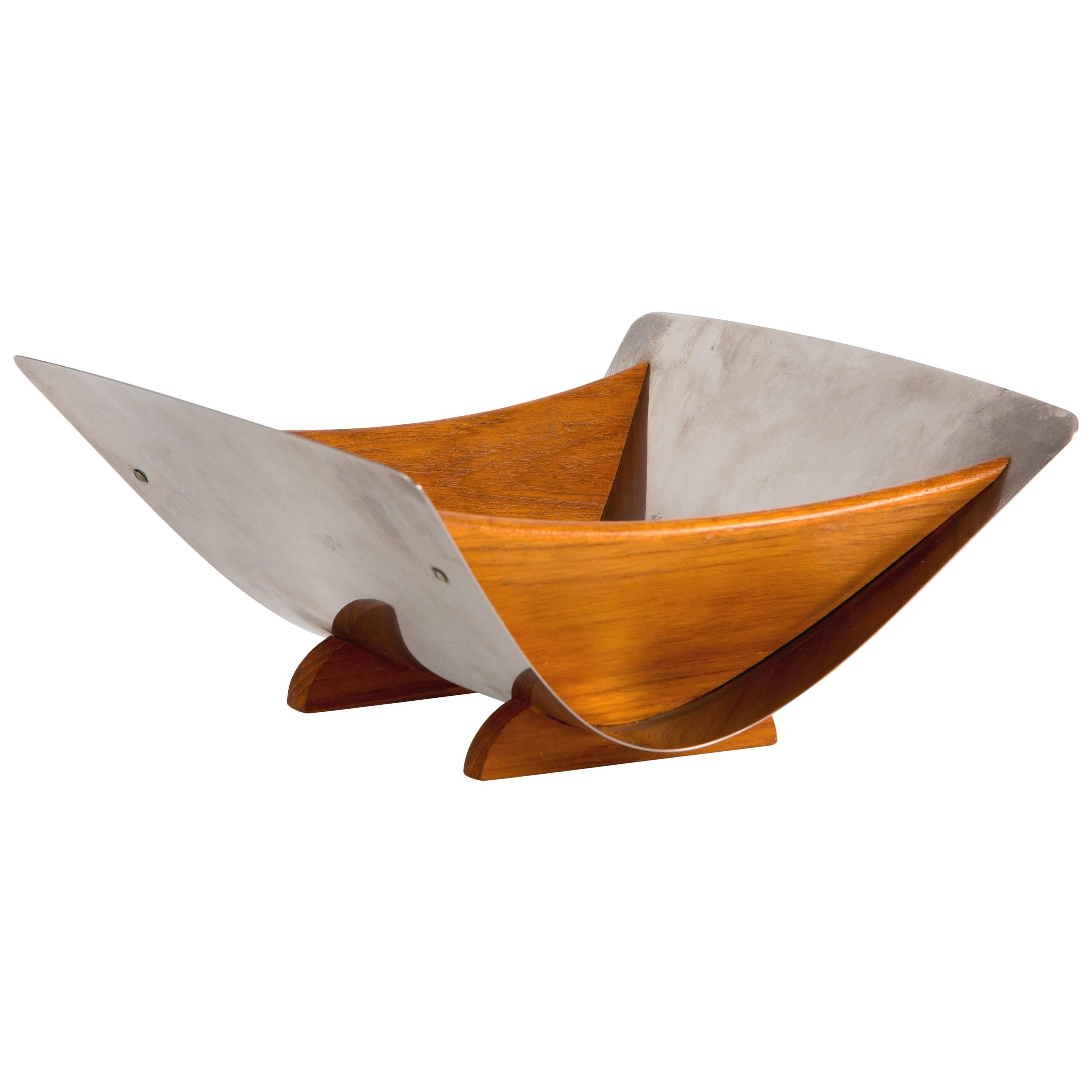 FRUIT BOWL STAINLESS STEEL AS Arthur Salm  and teak Sweden circa 1960 For Sale
