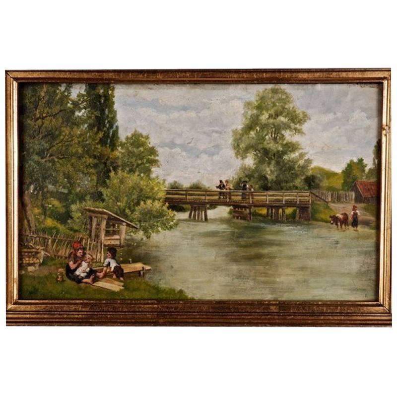 19th Century Painting Landscape with Children Playing For Sale