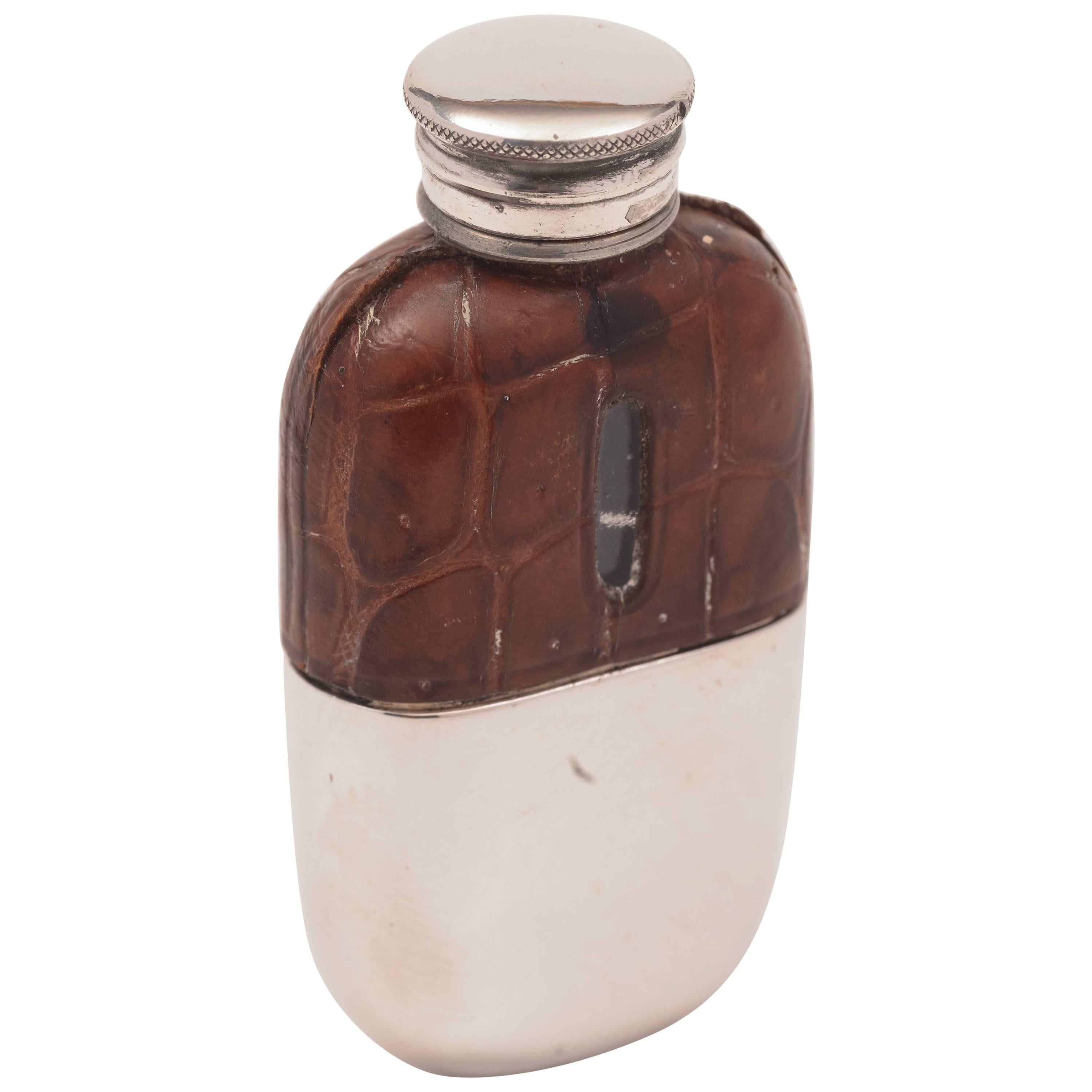 Small 19th Century Victorian Crocodile Skin Covered Flask For Sale