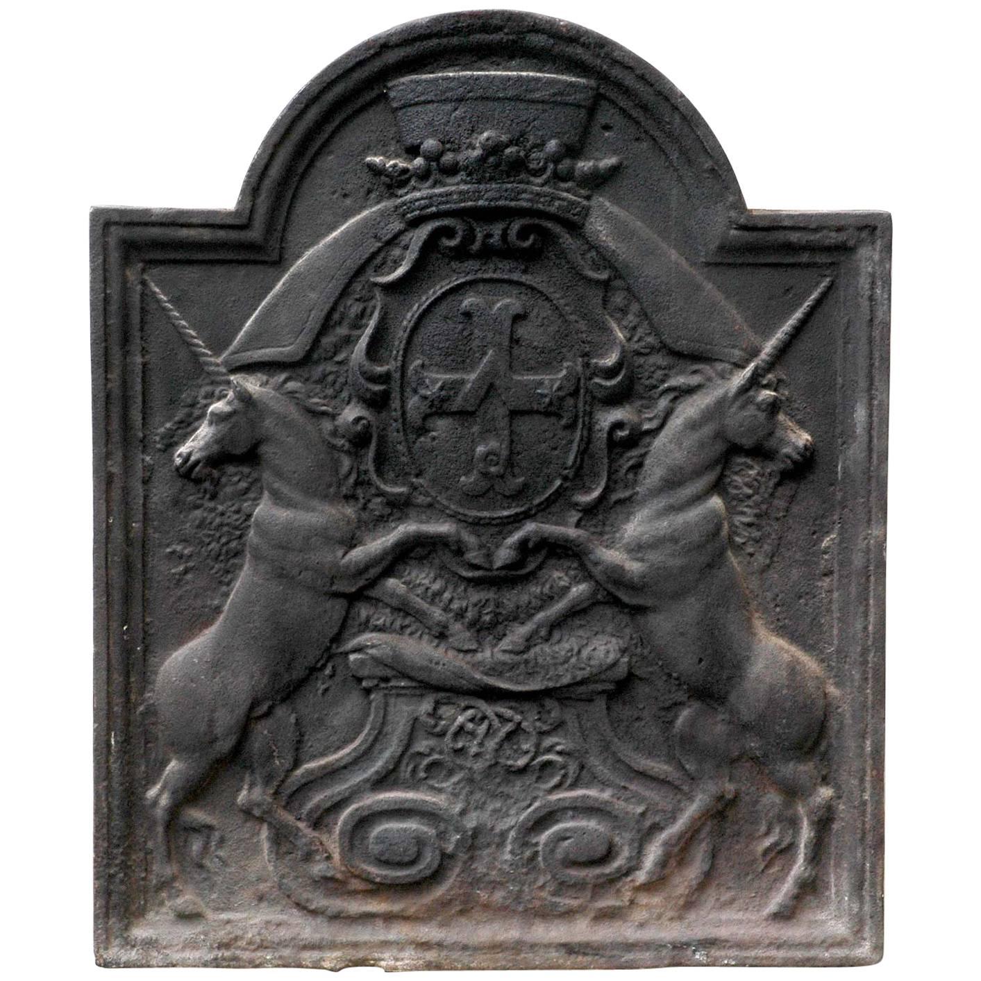 Unicorn Fireback with Louis-Michel Lepeletier De Saint-Fargeau Coat of Arms For Sale