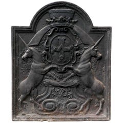 Antique Unicorn Fireback with Louis-Michel Lepeletier De Saint-Fargeau Coat of Arms