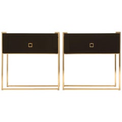 Pair of Custom Black Glass and Brass Night Stands or Side Tables