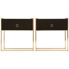 Pair of Custom Black Glass and Brass Night Stands or Side Tables 4
