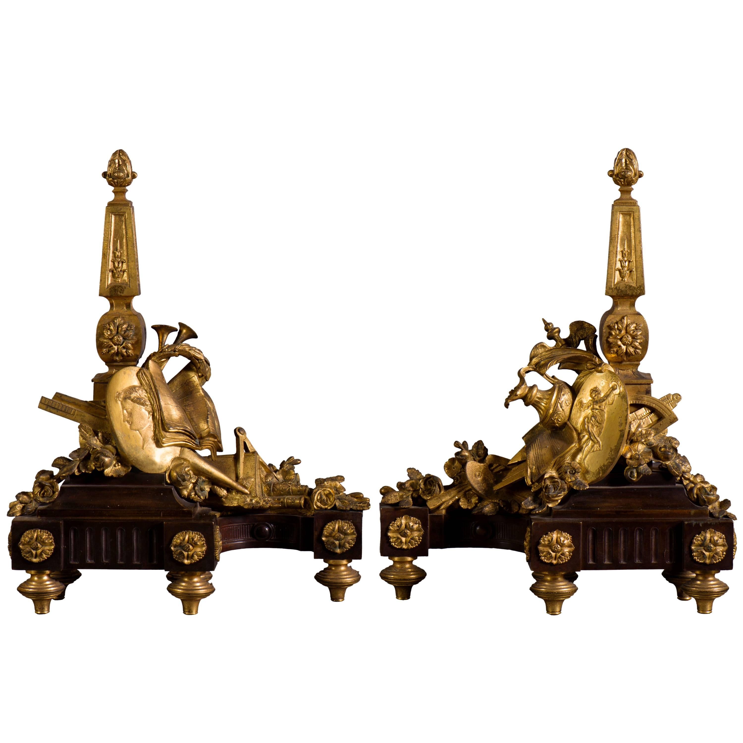 Pair of Louis XVI Style Andirons in Patinated and Gilt Bronze Decor For Sale