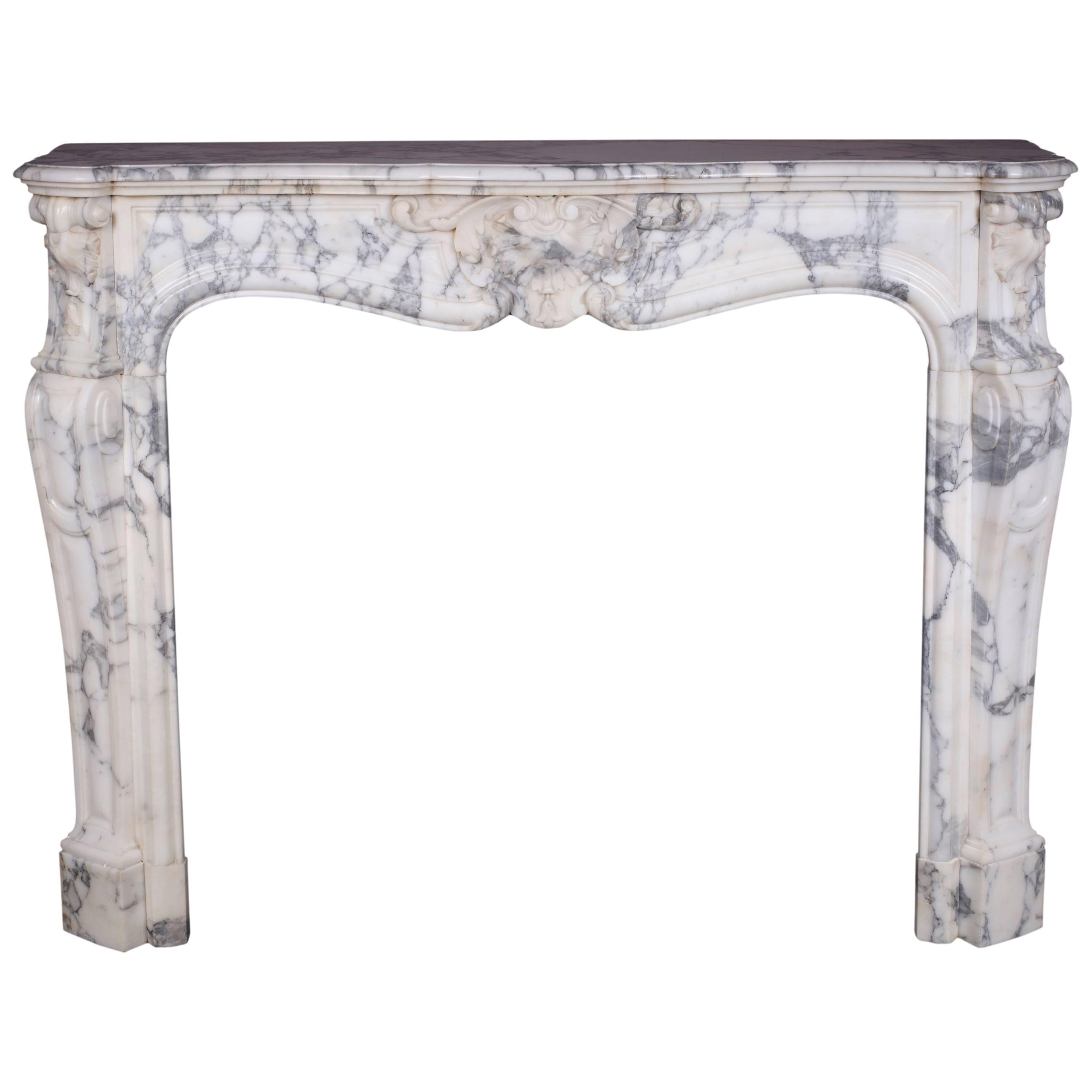 Antique Louis XV Style Fireplace with Three Shells in Arabescato Marble