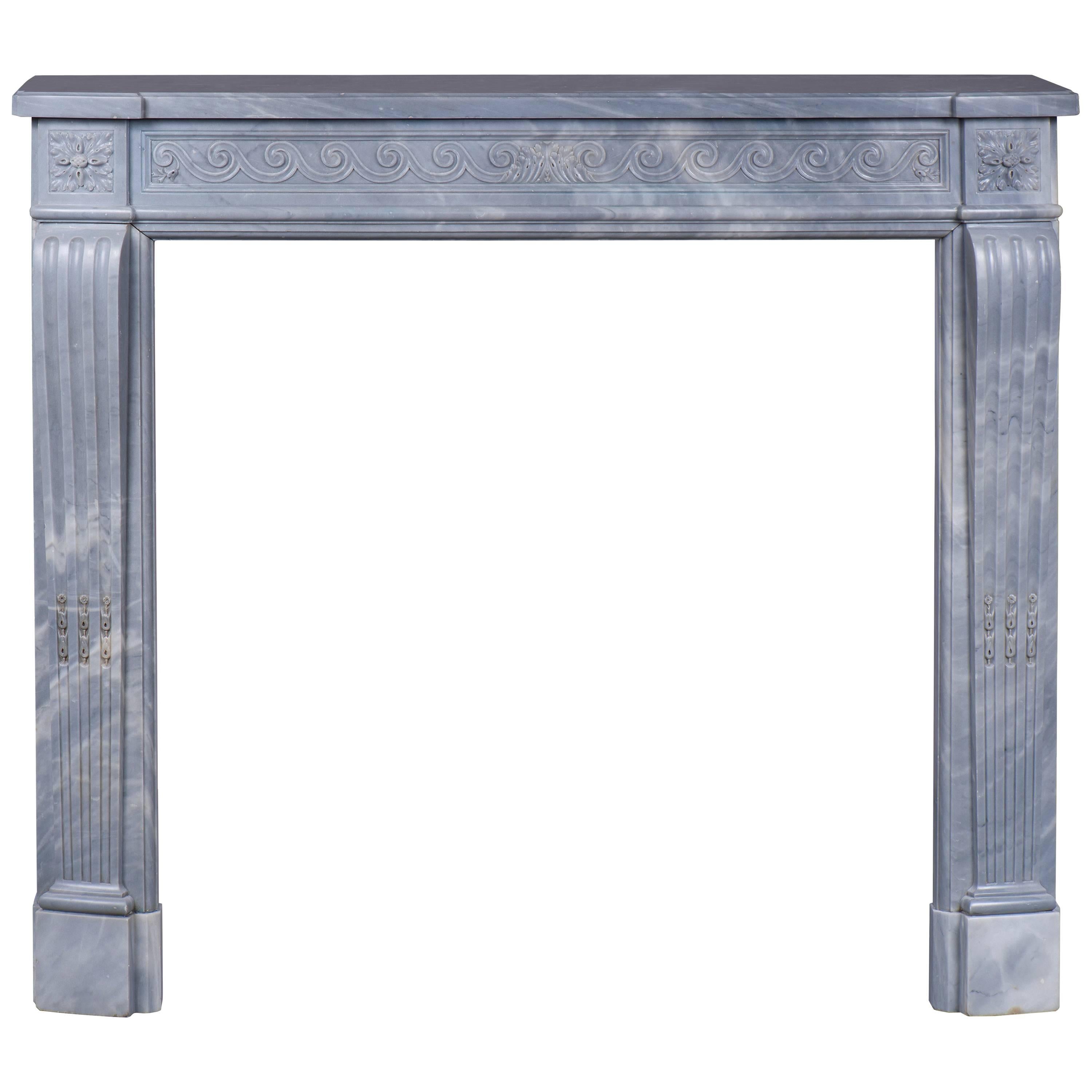 Antique Louis XVI Style Fireplace with Vitruvian Scroll in Blue Turquin Marble For Sale