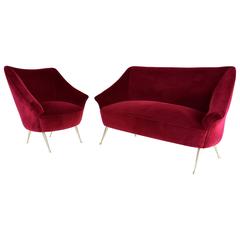 Mid-century Italian Velvet Sofa and Armchair Set, 1950's 6