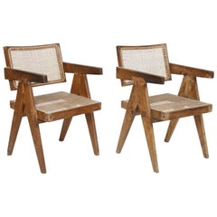 Pierre Jeanneret Set of Two Office Cane Elegant Chairs