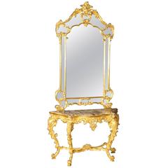 20th Century Gilded Console Table with Mirror in Louis XV Style
