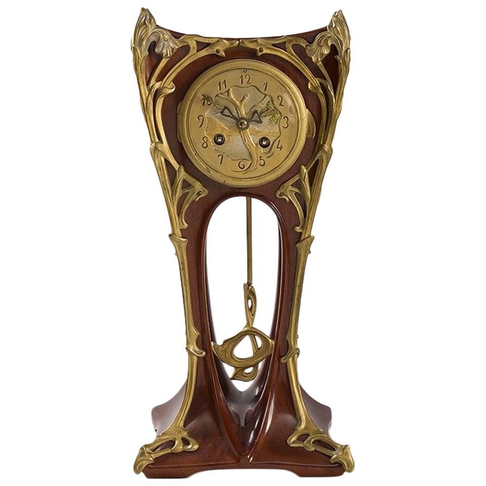 French Art Nouveau Mahogany Mantel Clock by Louis Majorelle