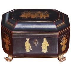 English Japanned Black Lacquered and Gilt Tea Caddy with Chased Bins, Circa 1810