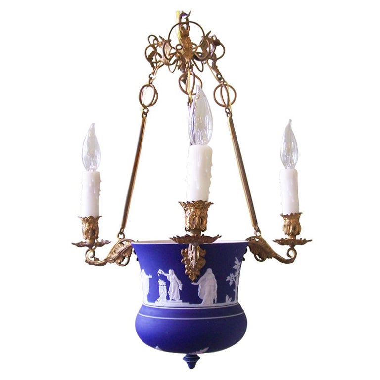 19th C Adams Blue Brass and Pottery Chandelier Stamped "Adams" For Sale