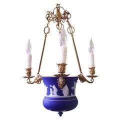 19th C Adams Blue Brass and Pottery Chandelier Stamped "Adams"