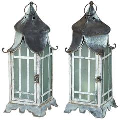 Pair of Square Verdigris Patinated Copper Lanterns