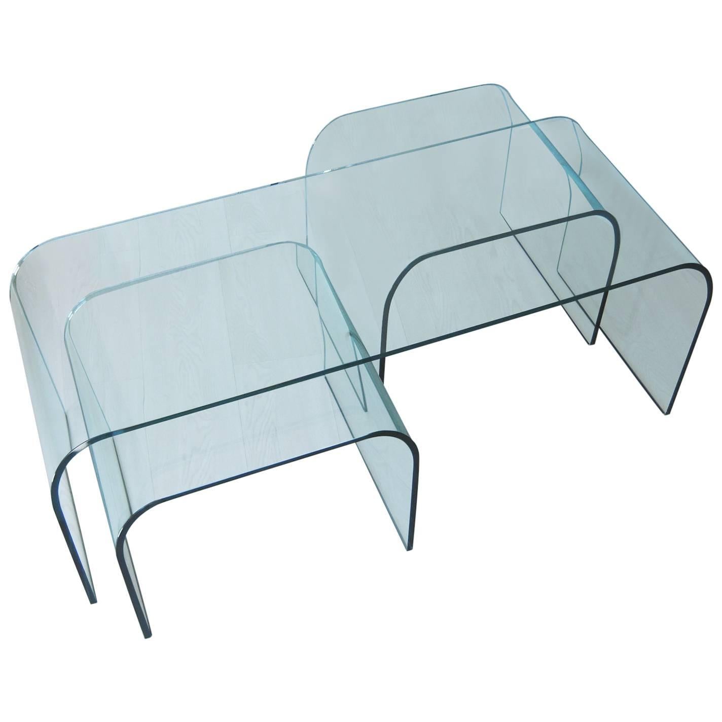 Set of 3 Italian Fiam Curved Crystal Glass Center, Nesting Table, 1980 For Sale