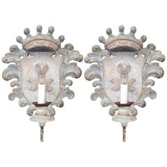 Pair of Italian Hand-Carved and Polychrome Single-Light Wood and Iron Sconces