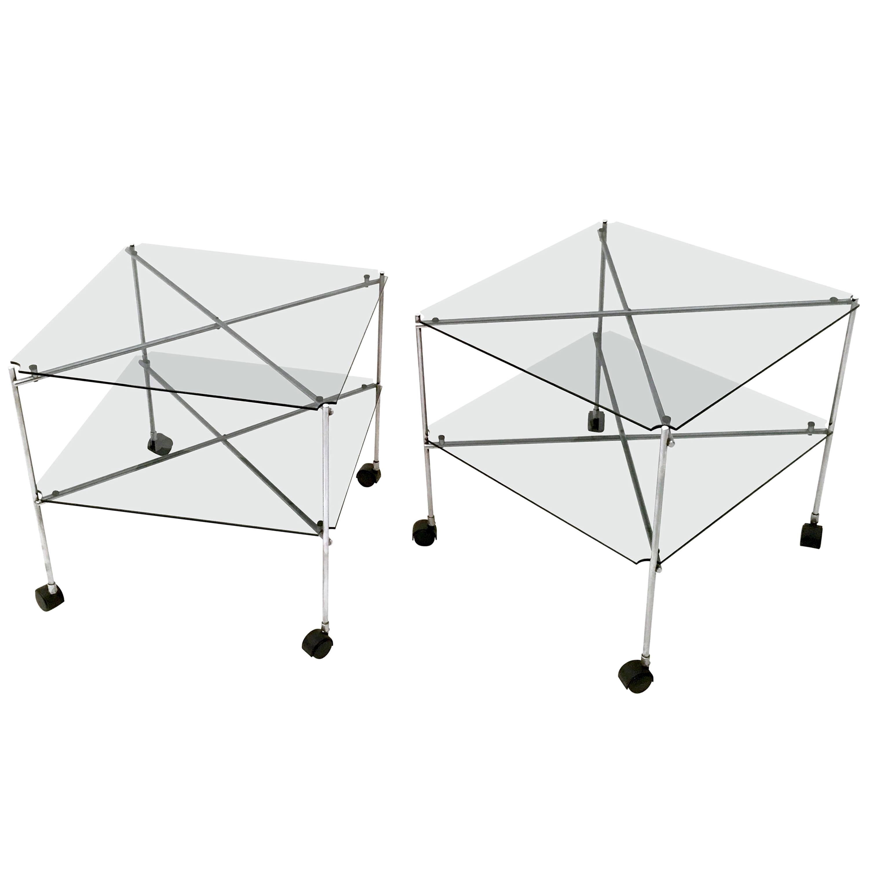 Pair of Postmodern Glass Carts Mod. Biplano by Bruno Munari for Robots, Italy For Sale