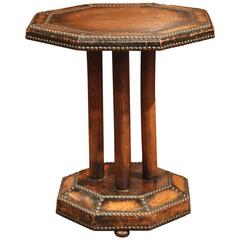 19th Century French Leather and Walnut Octagonal Side Table with Nails